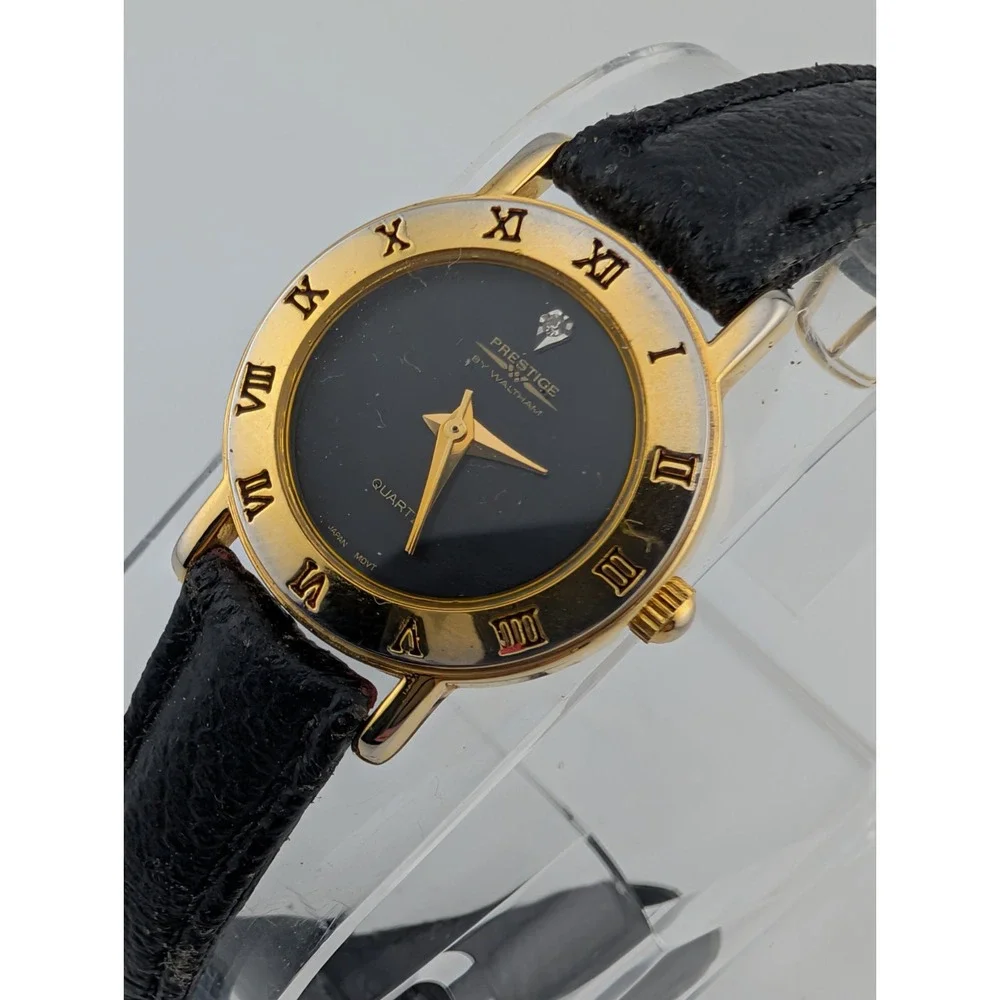 Prestige by Waltham Diamond Dial 25mm Watch Black Leather Band- New‎ Battery